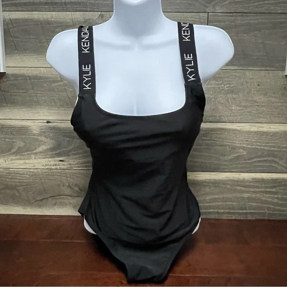 Kendall & Kylie One-Piece Swimsuit Black With Logo Brand on White Band Straps M